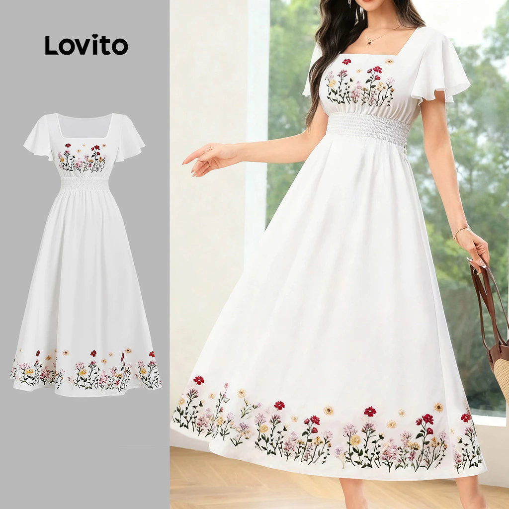 49% OFF Lovito Women Boho Dress Vacation Leisure Resort Style Ruched Spring/summer White Dress LBL31178