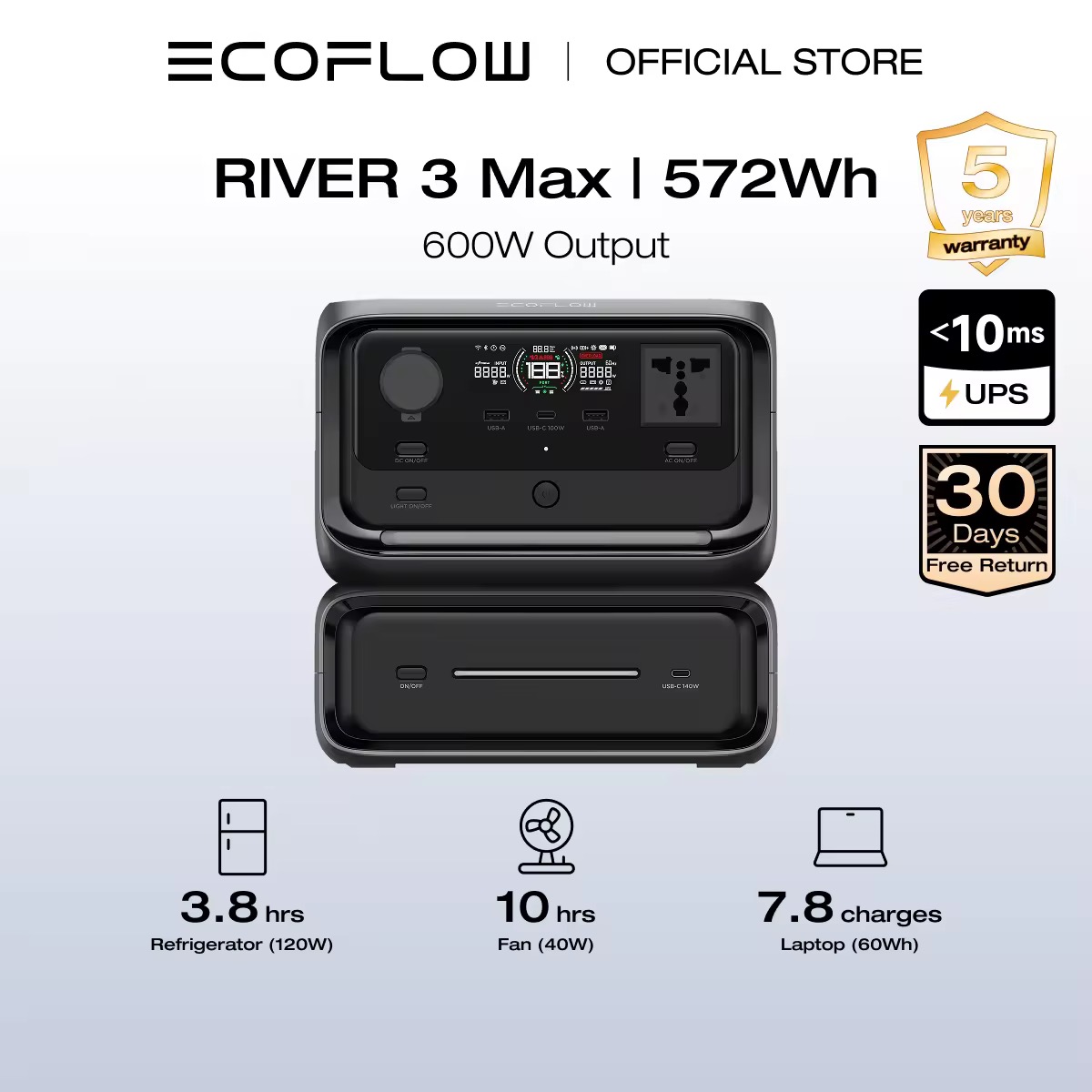 15% OFF EcoFlow Portable Power Station River 3 Max Expand Capacity from 286Wh to 572Wh, 3 Up to 1200W AC Outlets, <10 MS UPS, <30 dB Quiet, LiFePO4 Battery