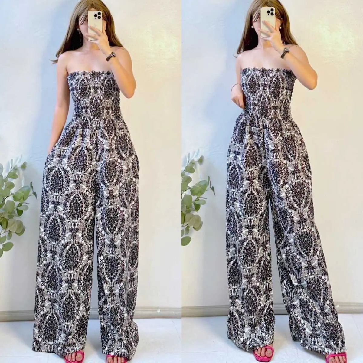 46% OFF Sunny&Co Crepe Fabric Fashion Casual Women Two Pockets Smocking Jumpsuit Overall Womenswear Athletic Chic Comfort Fit