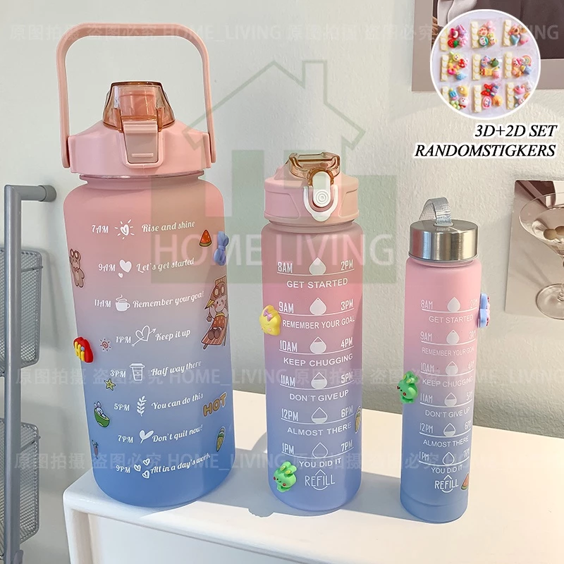 10% OFF 3 IN 1(2L+1L+500ml) Water Bottle Tumbler With Straw Time Marker Children Portable Kettle BPA Free