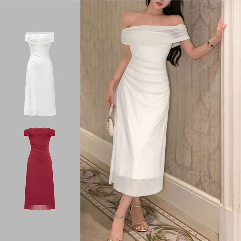4% OFF French-style Women's Spring & Autumn Mesh Off-Shoulder Ribbon Elegant Slim-fit Dress for New Year's Eve Christmas Chic Wedding Casual Womenswear