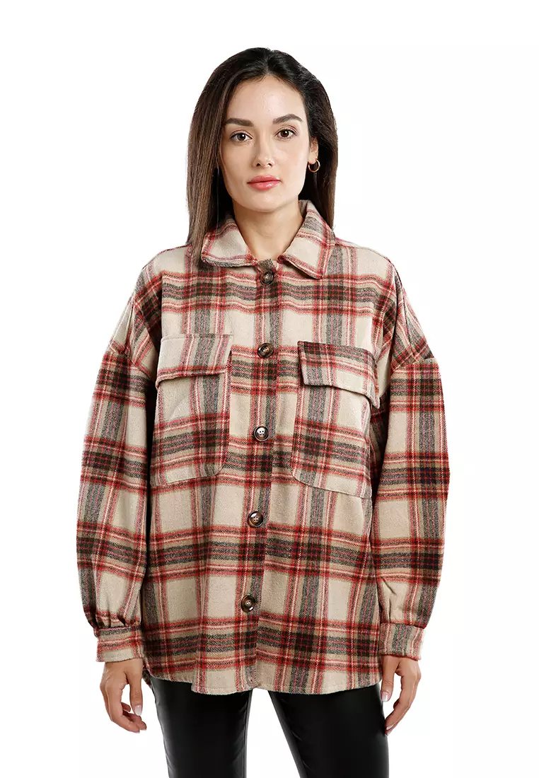 85% OFF London Rag Red Oversized Flannel Plaid Shirt