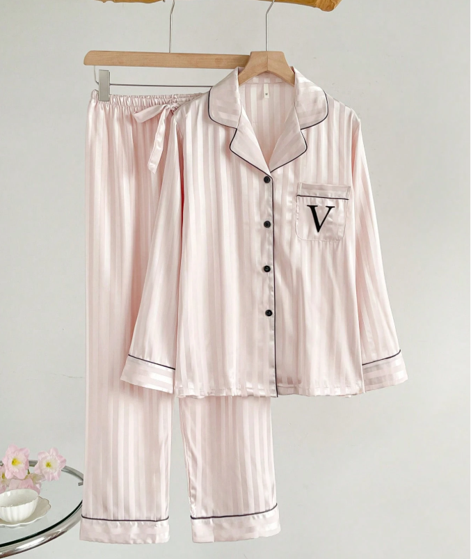 3% OFF Hot-Selling Women's Pink Stripe Thin Long Sleeve Top & Pants Pajama Set With Lapel Collar, 2pcs,Two Piece Set, Fall Winter Clothes