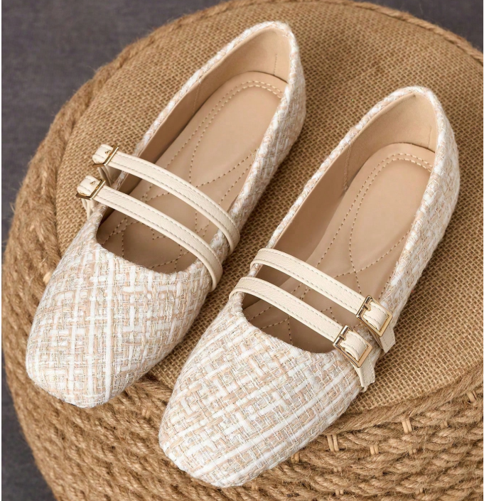 9% OFF WHDXY Women's Fashionable Soft Apricot Double-Strap Mary Jane Shoes, Square Toe Tweed Slip-On Shoes, Commuting Elegant Shoes Suitable For Dates, Daily Wear