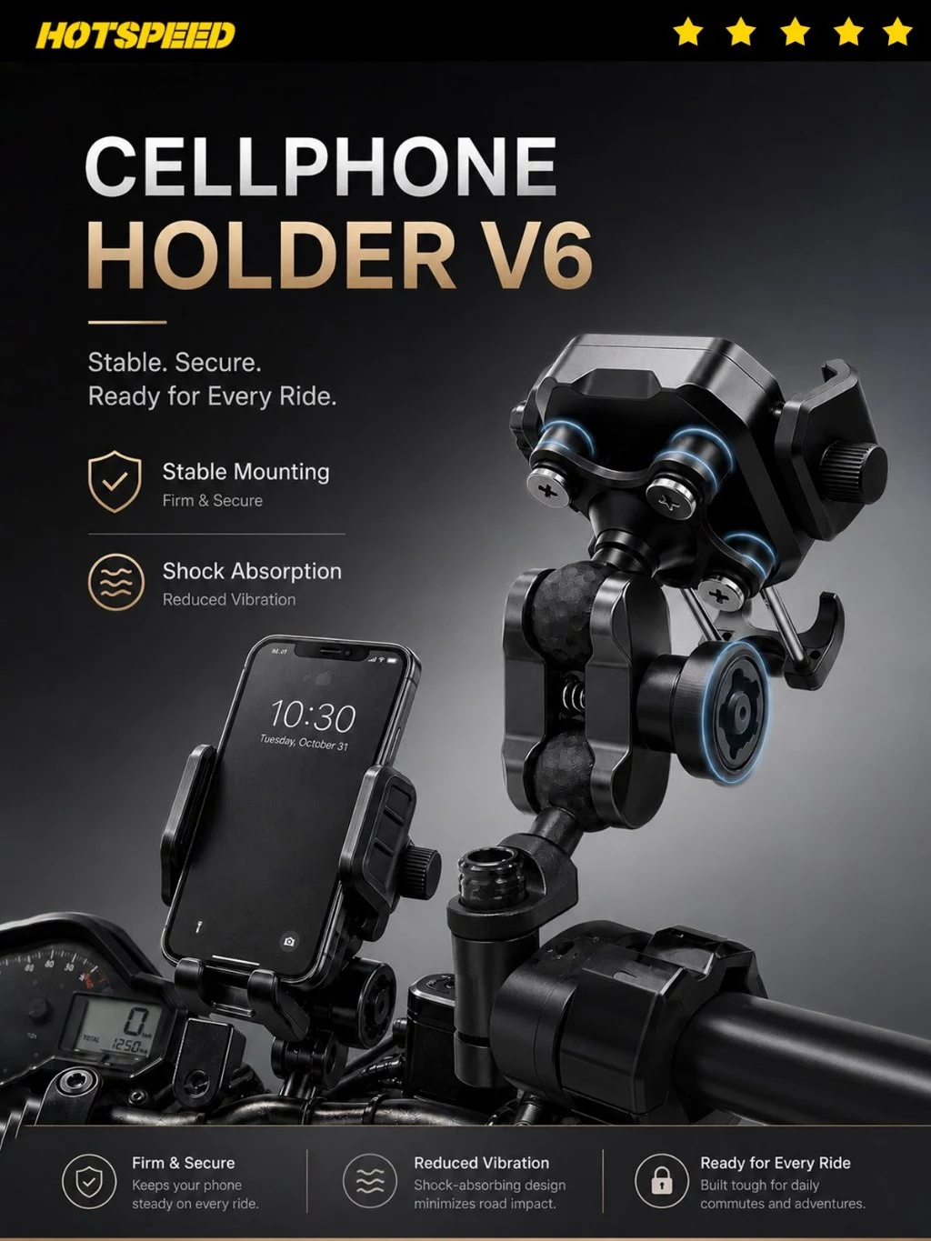65% OFF HOTSPEED Cellphone Holder for Motorcycle V6 Phone Holder 2 IN 1 Original Anti-slip CP Holder