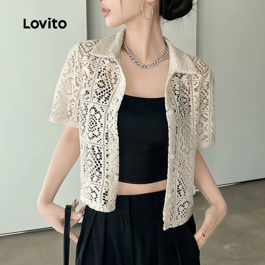 41% OFF Lovito Women Casual Plain Pocket Lace Blouse L125AD295