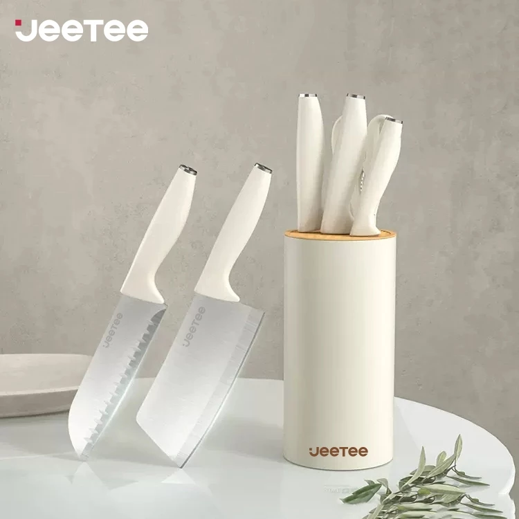 43% OFF JEETEE 5-Pcs Kitchen Knife Set With Block High Carbon Steel Kutsilyo Original Set Makapal White