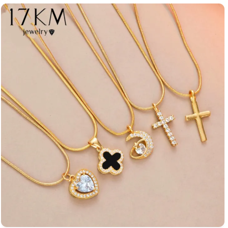 57% OFF 7KM 18K Gold Necklace for Women Clover Heart Tulips Pendant Choker Accessories Jewelry