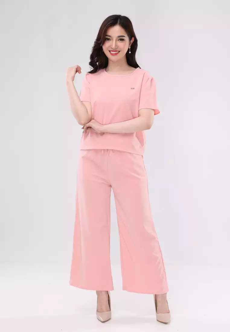 71% OFF Crumpled Woven Short Sleeves Blouse/Pants