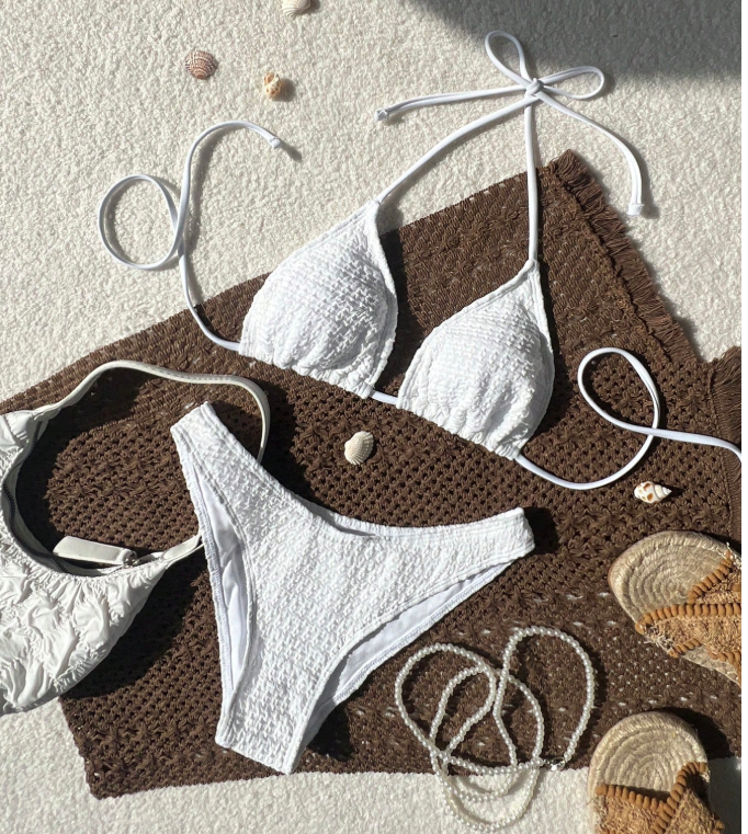 13% OFF Swim Vcay 2026 Spring/Summer Women's Spaghetti Strap Halter Special Fabric White Sweet Vacation Side High Cut Bikini Two Pieces Swimsuit