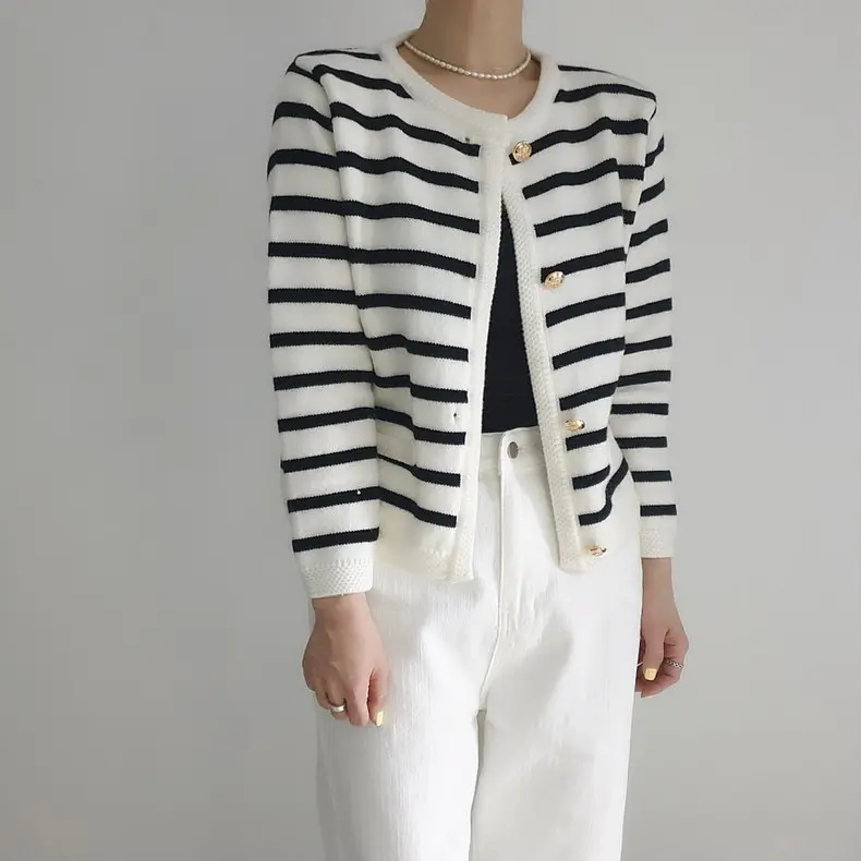 23% OFF MODA False Pocket Stripe Button Down Long Sleeve Woolen Knitted Cardigan Top M1367