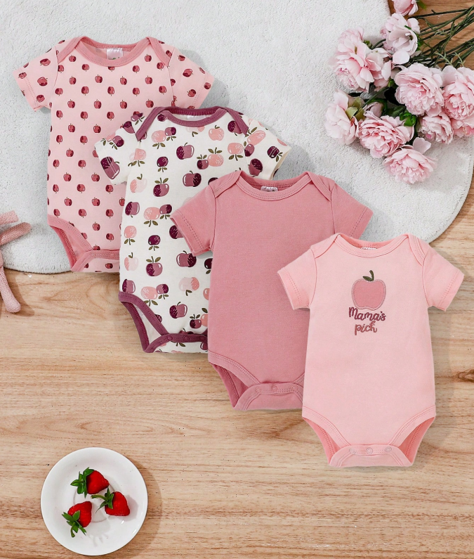 6% OFF 4pcs/Set Infant Short Sleeve Bodysuit 0-1 Year Old Baby Girl Cute Set