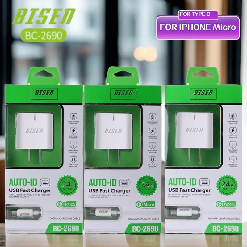 56% OFF Bisen BC2690 Fast Charger SET w/ USB Cable 2.4A Quick Charging For IPHONE Type-C Android Micro