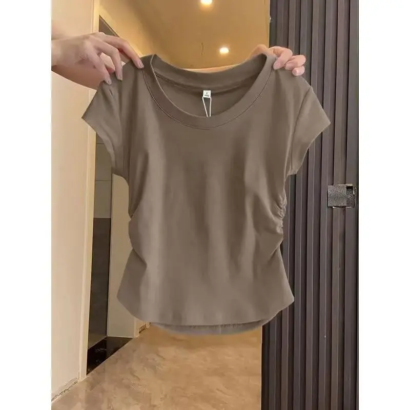 68% OFF Ruched Irregular Curved Waist Top Regular Shoulder High-end Summer Ribbed Slim Fit Slimming Women's T-shirt Fitted Lingerie Casual Basic Womenswear Streetwear Batwing Crewneck Short Sleeve Breathable Chic