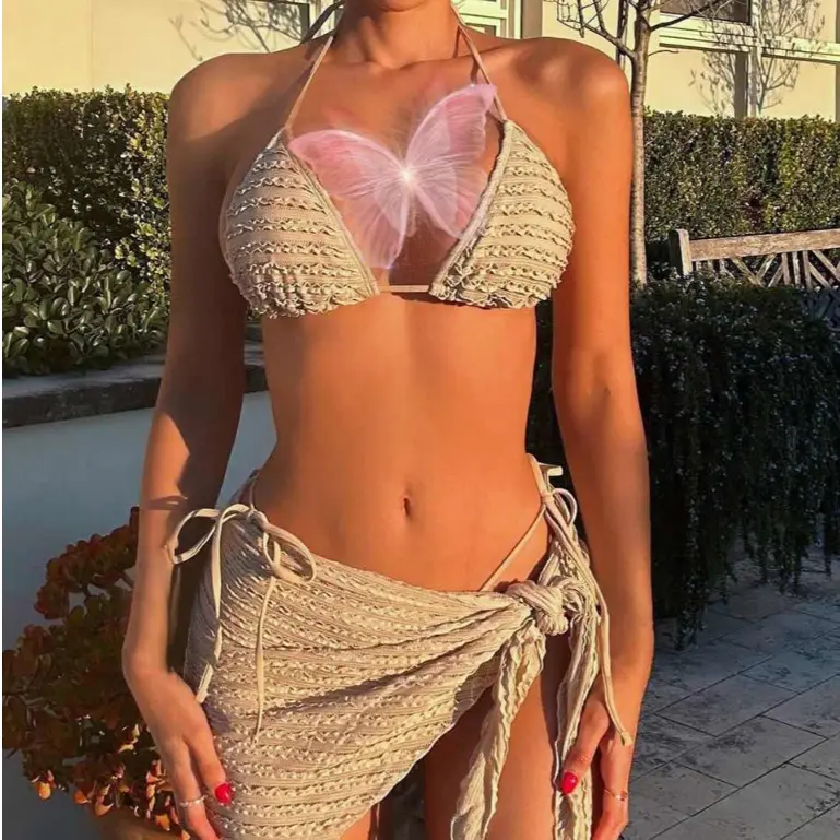 53% OFF 3 in 1 Ruffle Bikini with Cover Up Two Piece Swimsuit with Tie up Skirt Women Swimwear Beach Outfit