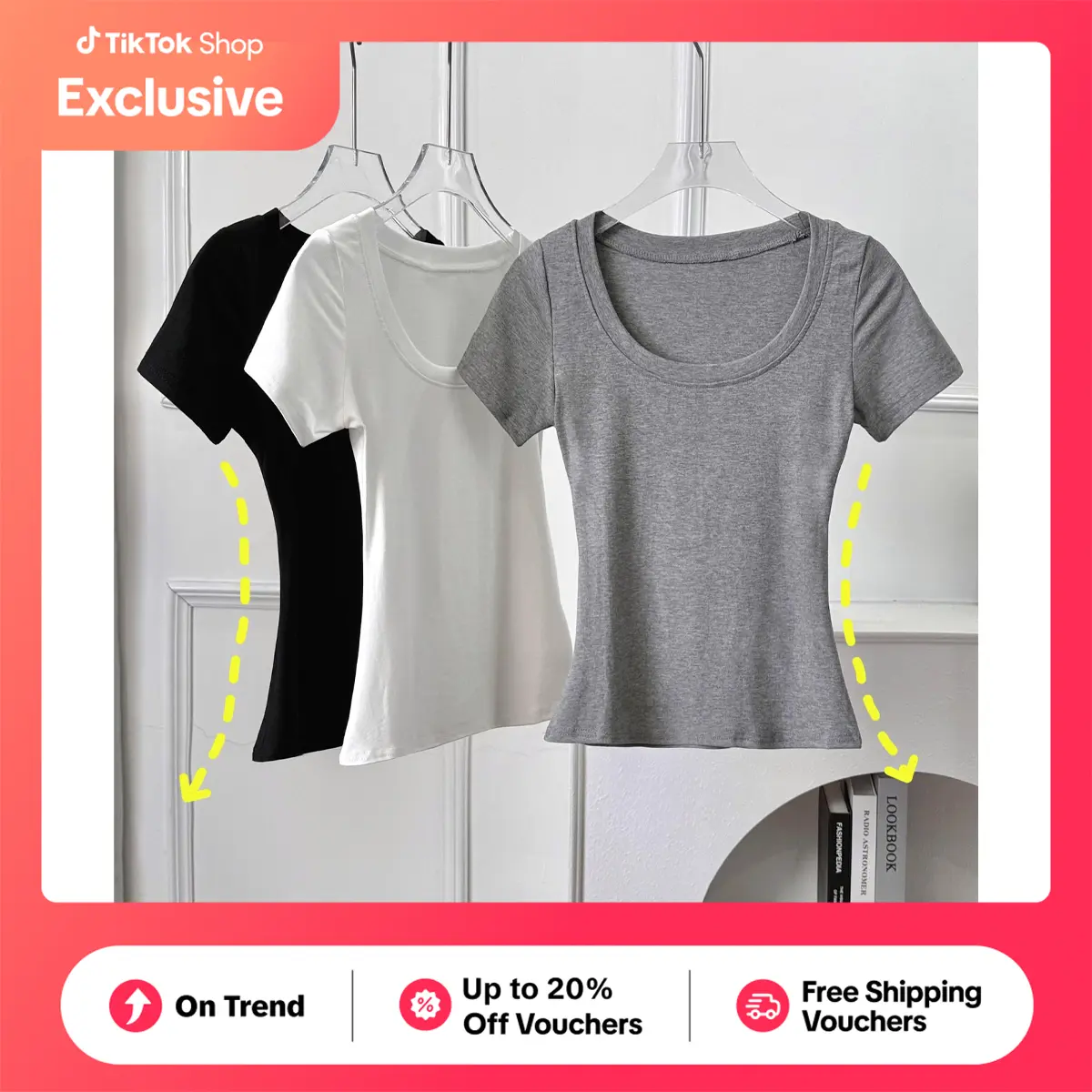 61% OFF Mian - Women's Korean Casual Gray Square Neck Basic Slim Fit Short-sleeved T-shirt Top