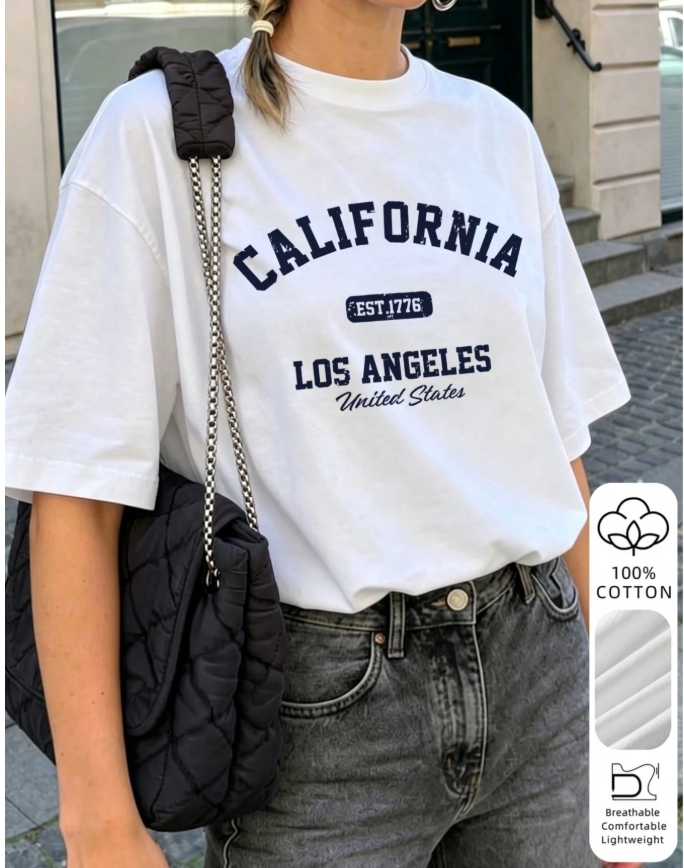 2% OFF 2026 Summer New Women's Los Angeles Letter Print Cotton Loose Short Sleeve T-Shirt, Casual Versatile Top White