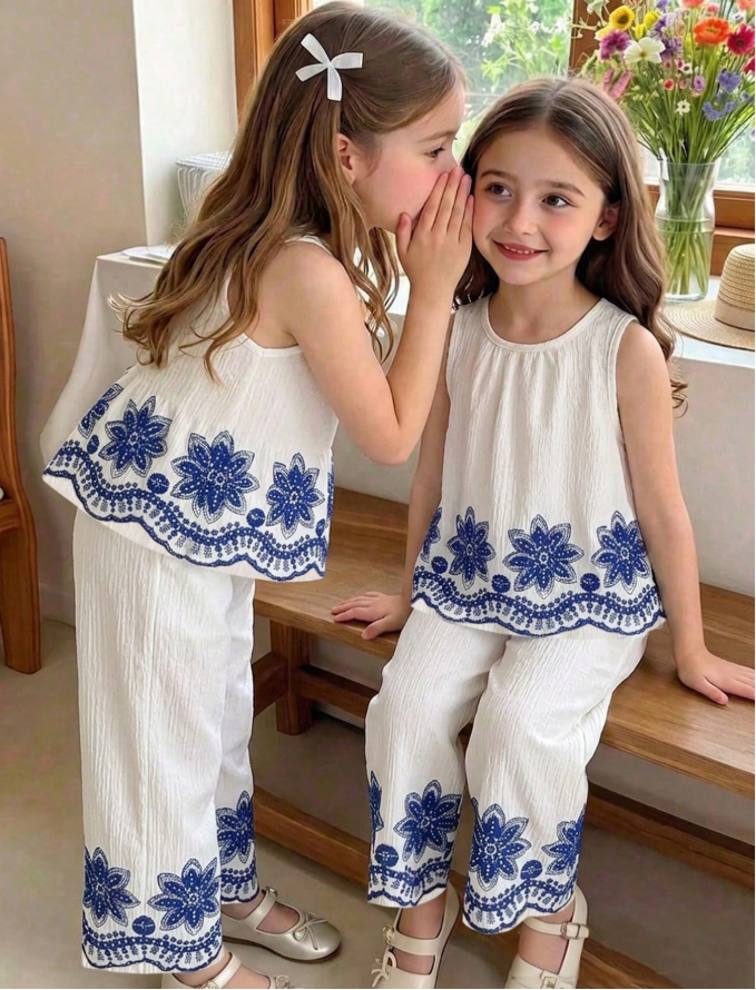 11% OFF Souflis Souflis Young Girls Summer Black And White Minimalist Elegant Style Vertical Stripe Floral Embroidery Pattern Sleeveless Top And Wide Leg Pants Set,