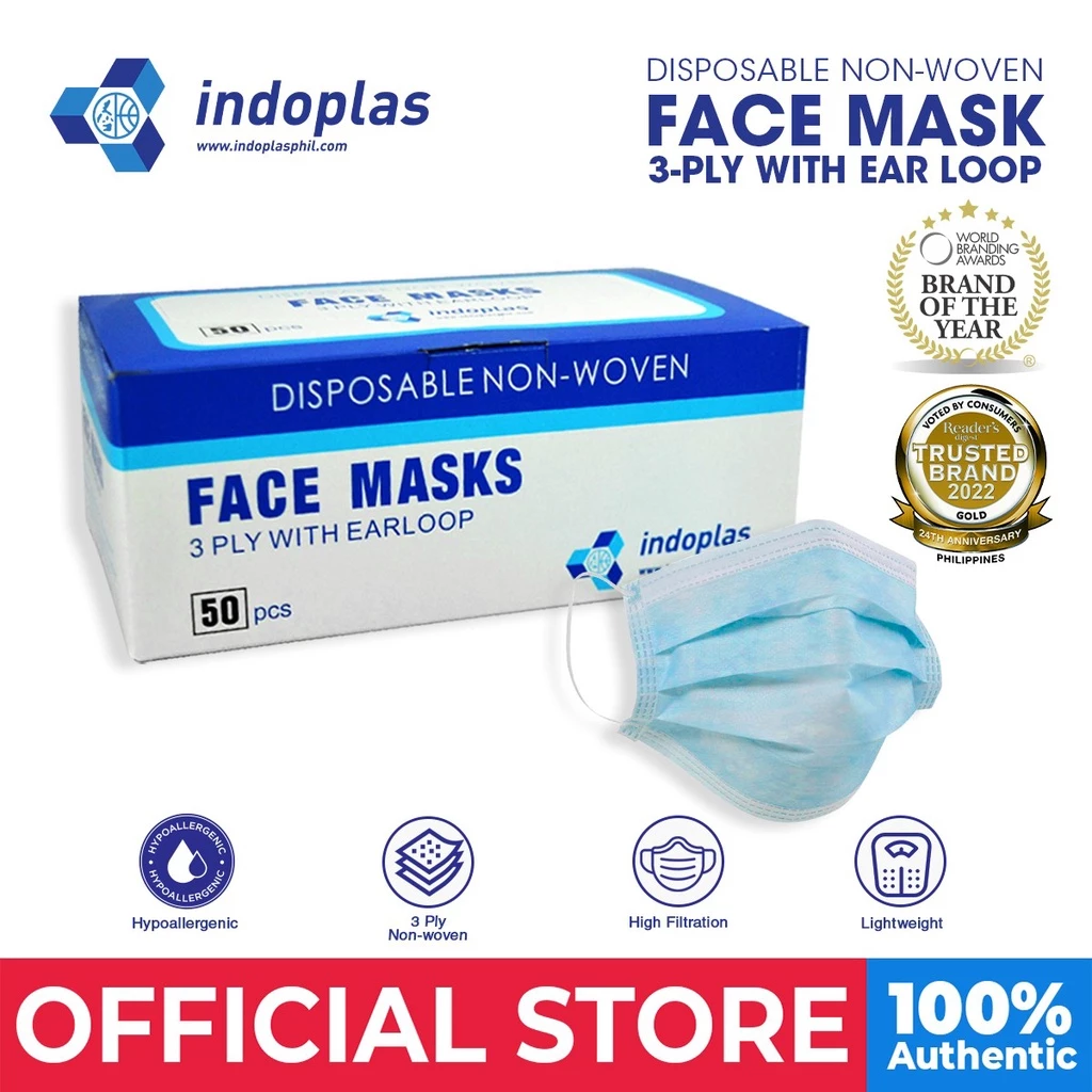 90% OFF Indoplas Disposable Face Mask 3-Ply with Earloop 1 box 50 pcs