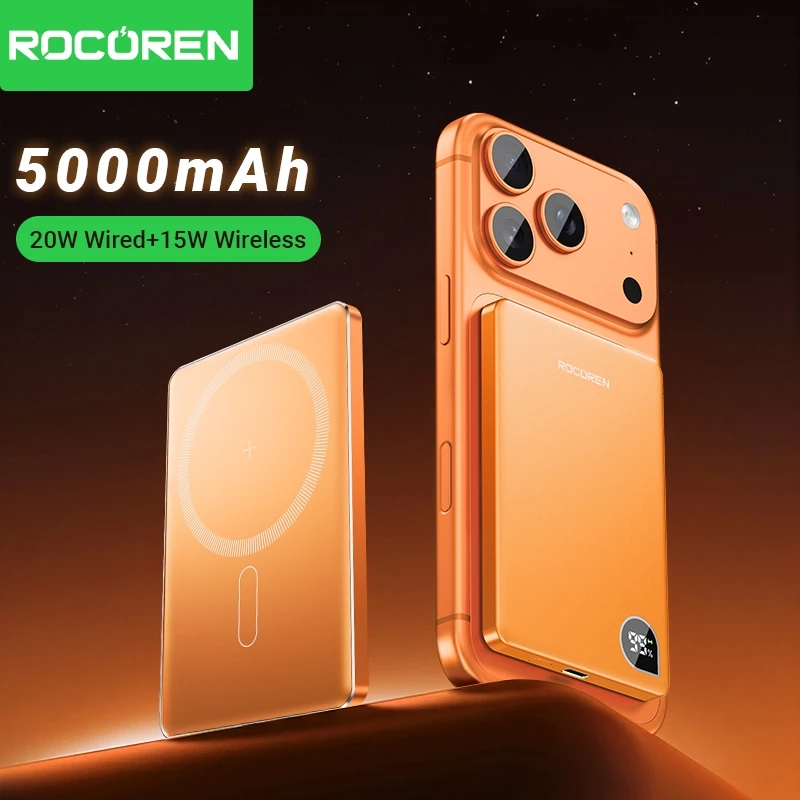 50% OFF Rocoren Magnetic Wireless Power Bank Fast Charging 10000mAh/5000mAh Ultra Slim Portable Charging Digital Display Power