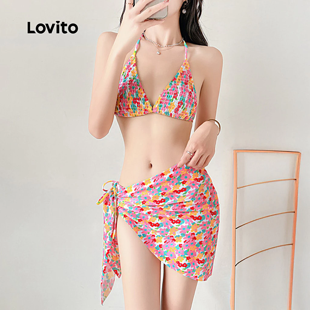 30% OFF Lovito Women Boho Bikini Sets 3 Plicated Spring/summer Blue Bikini Sets LNE141X015