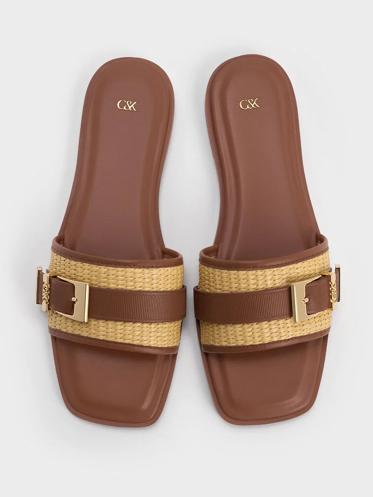 30% OFF Whitney Leather & Raffia Slide Sandals - Brown