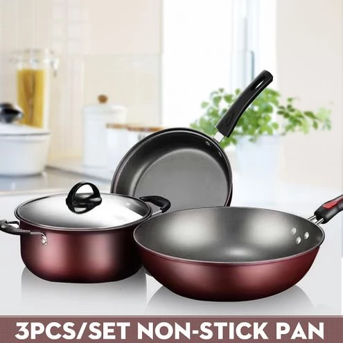 2% OFF 3Pcs Kitchen Cookware Set Non-stick Cookware Frying Pan Cooking Pot & Pan Saucepan with Glass lid