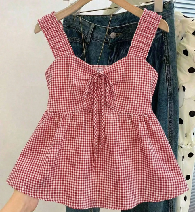 4% OFF SHEIN Franclia Women Red And White Plaid Summer Cottage Core Cute Picnic Cami Top,Aesthetic Ruched Front Peplum Hem Sleeveless Blouse,Y2K Ruffle Trim Slim Fit Tank