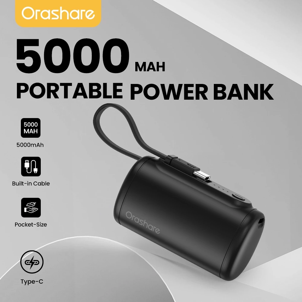 86% OFF Orashre PCM05 5000mAh Mini Powerbank Built‑in (Lightning Or Type‑C) Cable Fast Charging for Phones