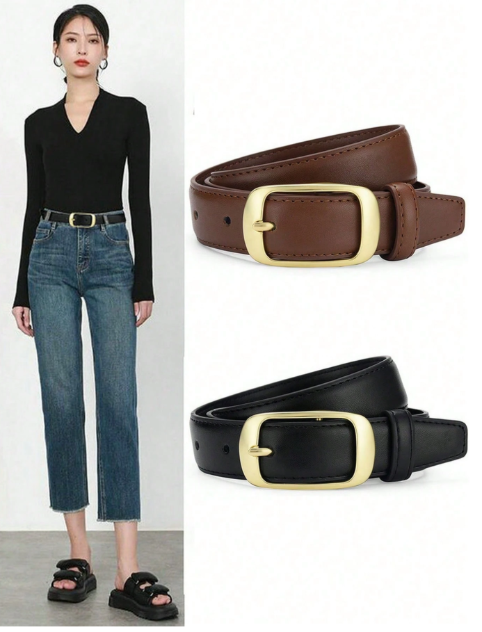 12% OFF 1pc Women's Leather Belt, Suitable For Jeans, Casual Pants, 2 Color Options: Black/Brown, Gold Buckle, Fits S/M Waist Summer, School