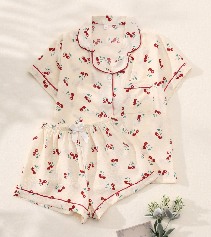 16% OFF 2pcs Women's Cherry Print Summer Pajama Set, Short Sleeve Button-Up Shirt And Shorts, Casual Loungewear