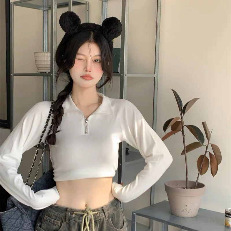 59% OFF Angelcity Collar Tee With Zipper Crop Top Long Sleeve Tops Korean Fashion