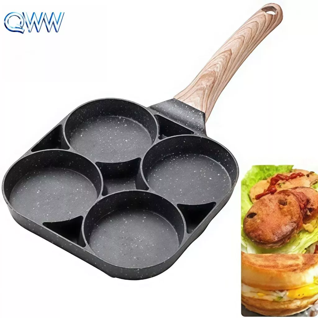 41% OFF QWW 4-Cup Pancake Omelet Pan Wooden Handle Non-Stick Frying Pan for Egg Burger Ham