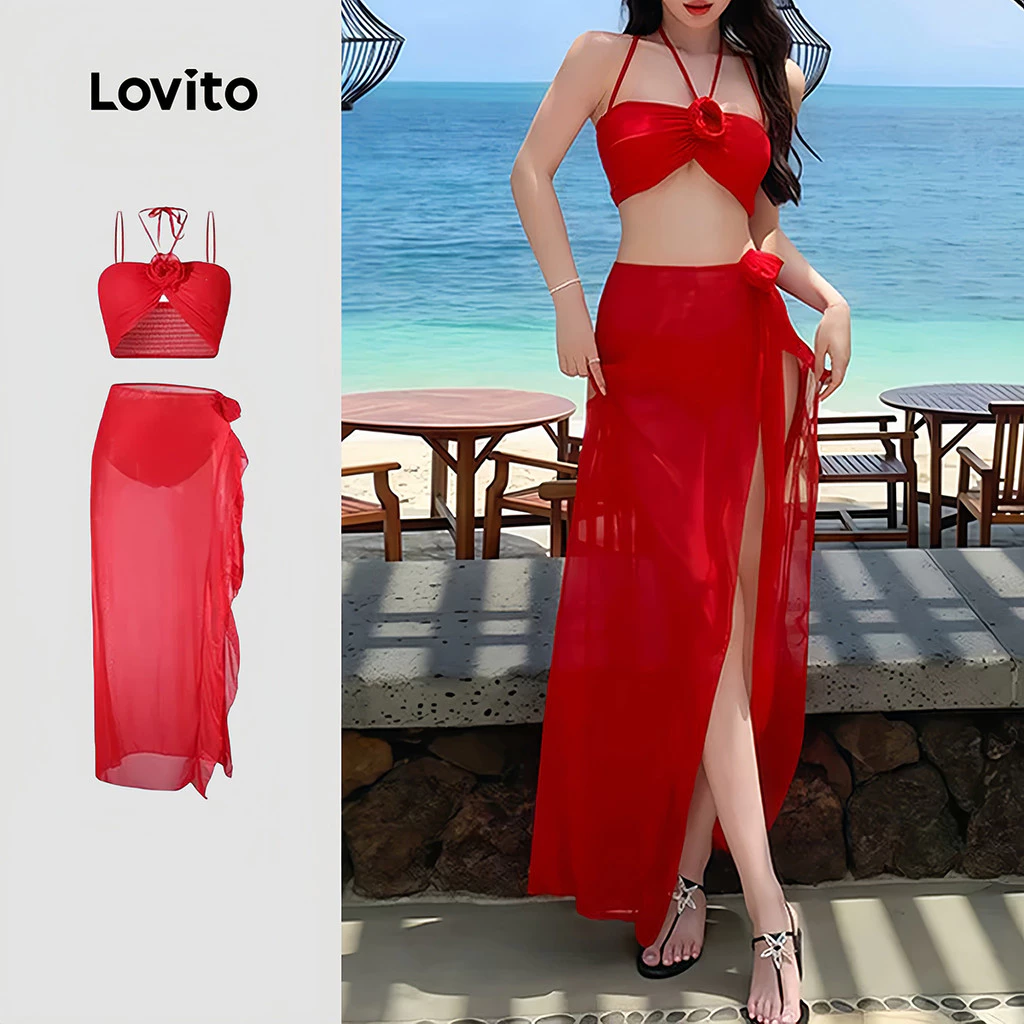 47% OFF Lovito Women Sexy Bikini Sets Set of 3 Appliques Lace Up Spring/summer Red Bikini Sets LNE134040