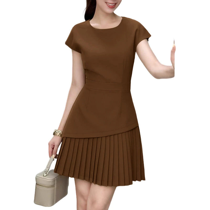 42% OFF ZANZEA Women Korean Fashion Short Sleeve Crew Neck Pleated Waist Dresses