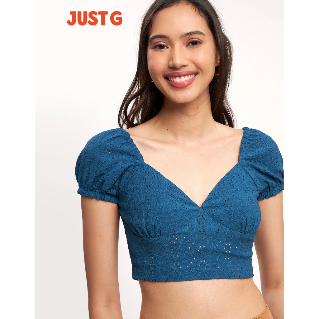 60% OFF Just G Eyelet Jersey Puff Sleeve Top