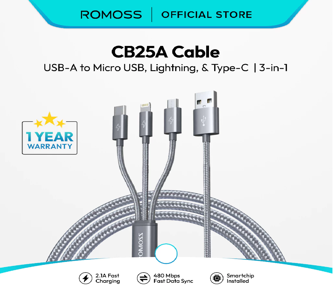 55% OFF Romoss CB25A 3 in 1 Durable Multiple 2.1A Lightn ing to Type-C Micro USB Rapid Charging Cable