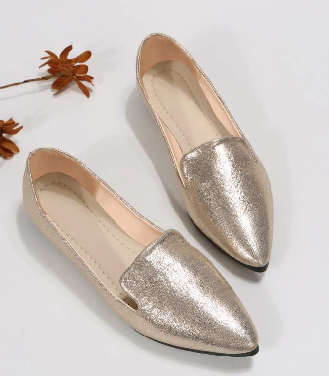 36% OFF Fall/Winter Metallic Point Toe Flat Loafers,Women's Shiny Gold Flat-Colored Shoes With Pointed Toes, Suitable For All Seasons, Made Of Elegant PU Material