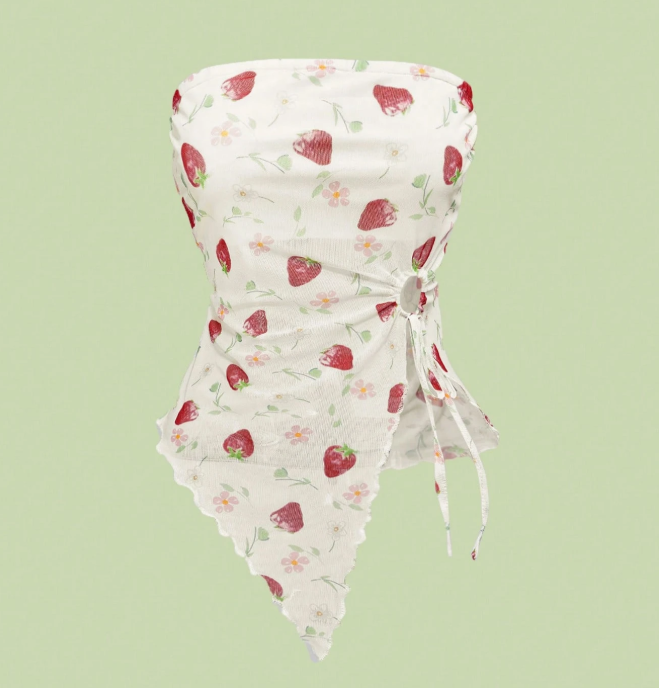 15% OFF ROMWE Kawaii Strawberry Print Asymmetric Hem Summer Tube Top, Y2K Style, Mesh Fabric