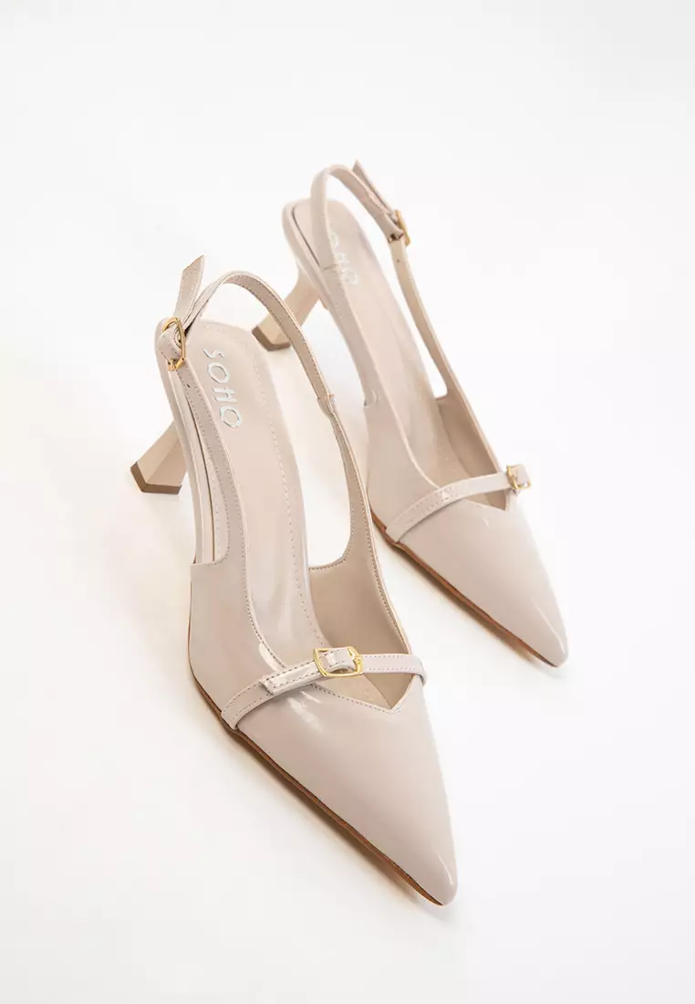 31% OFF Beige Patent Leather Women's Classic Heeled Shoes 20598