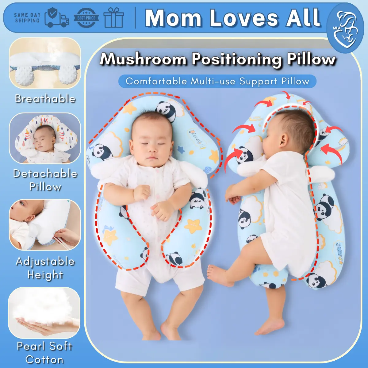 52% OFF Baby Mushroom Positioning Bolster Cotton Pillow Anti-Flat Head Support Cushion 0-3Yrs Kids