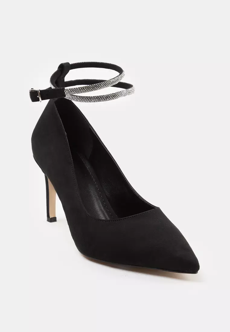 82% OFF Women's Classic Black Thin Heeled Evening Shoes - Ankle Strap