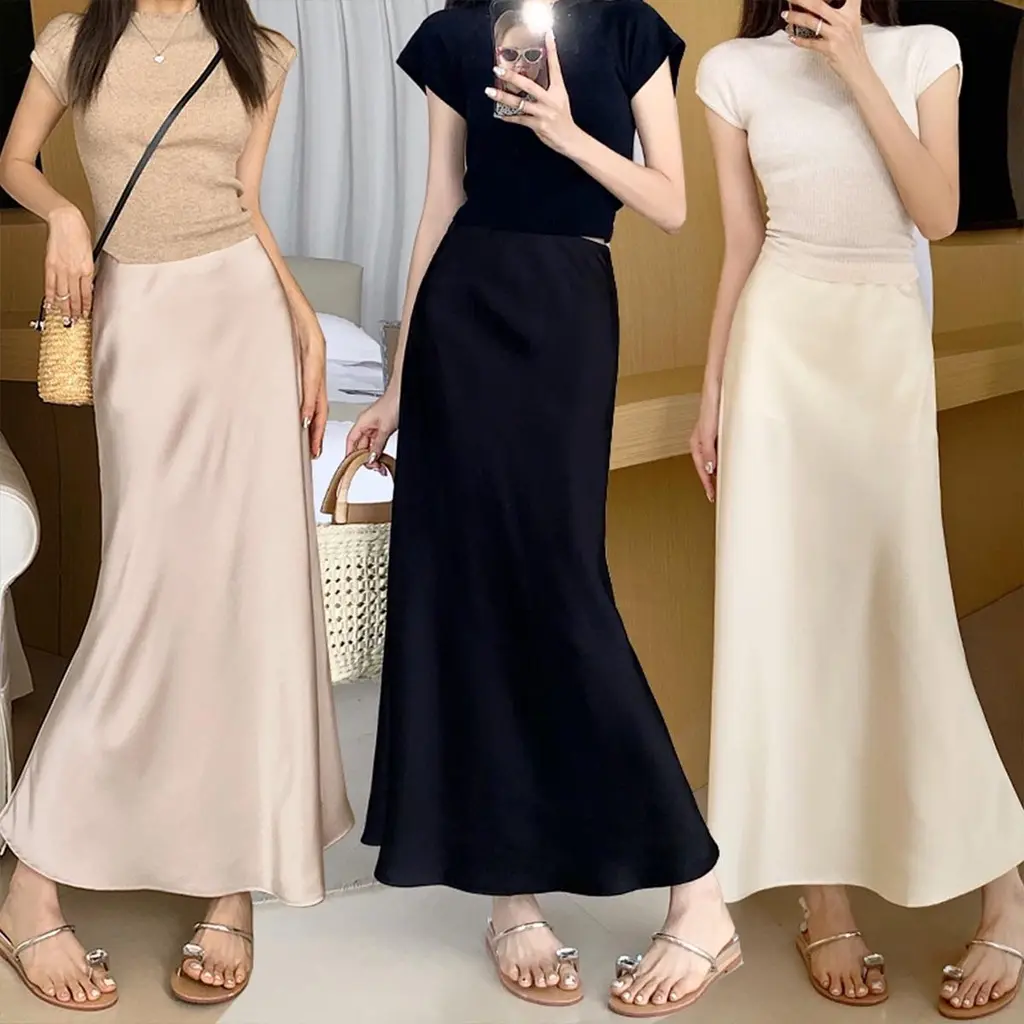 39% OFF ChicBargain#Fashion Long Skirt Sexy Satin Skirt Rayon Fabric Zipper Style High Waist Fishtail Shape Fitted Vintage Style Summer for Women#8807 Womenswear Bottom Elegant