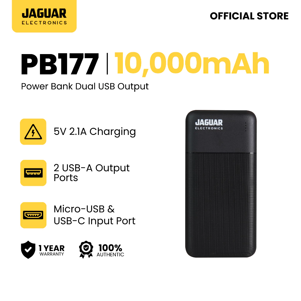 74% OFF Jaguar Electronics PB177 10000mAh Power Bank Dual USB Output - White Slim Portable Charger