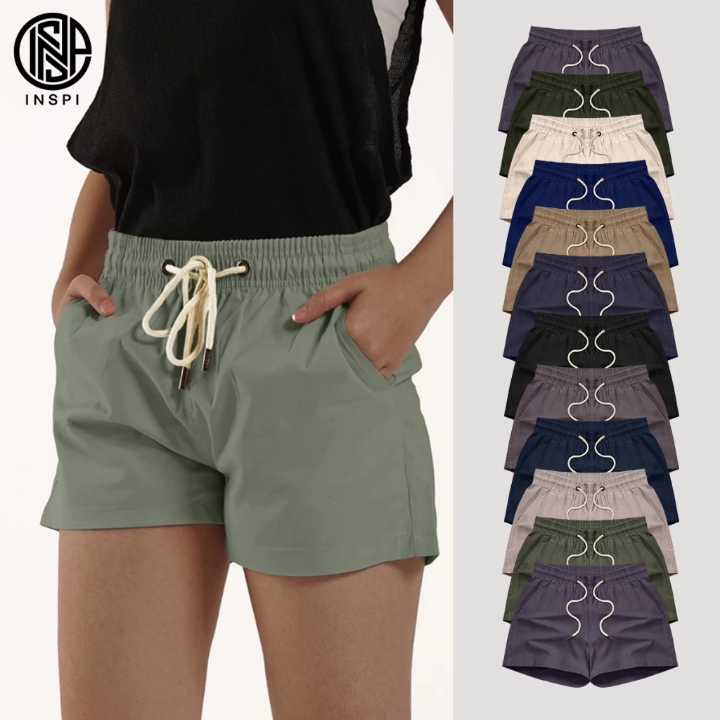 27% OFF INSPI Twill Shorts for Women with Side Pockets Drawstring Korean Above the Knee Plain Shorts for Men Beach Outfit