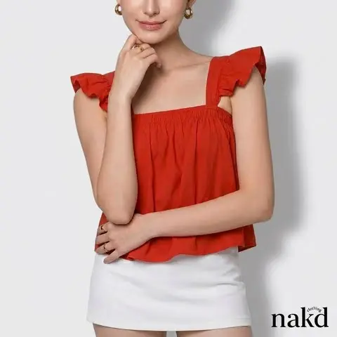 50% OFF NAKD FASHION ABBY RUFFLE SLEEVES SEXY SUMMER COTTON LINEN BASIC DAILY FLOWY TOP 1494