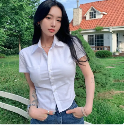 62% OFF Blouse for Women Short Sleeve White Slim Shirt Top