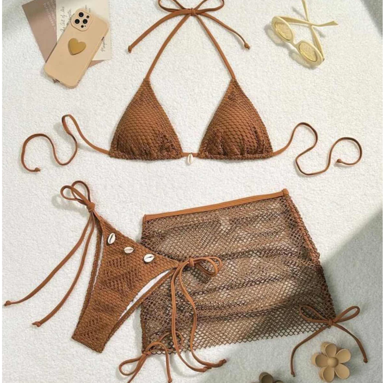 50% OFF 3 in 1 Two Piece Net Bikini with Cover up Skirt Shell Swimwear Women Swimsuits Beachwear
