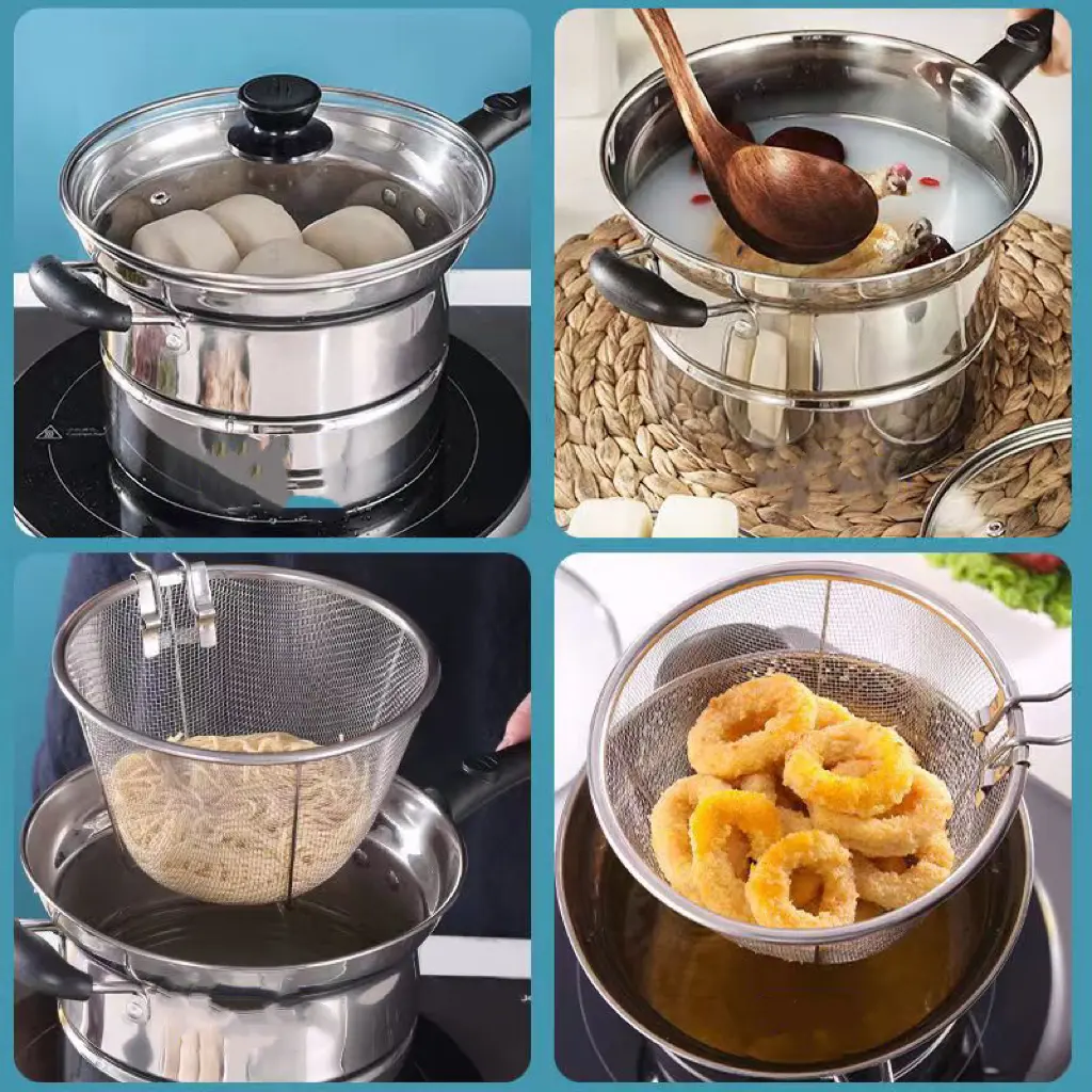 8% OFF 22CM 3in1  Stainless steel Steam and Deep Frying Cooking Pot with Boil Basket