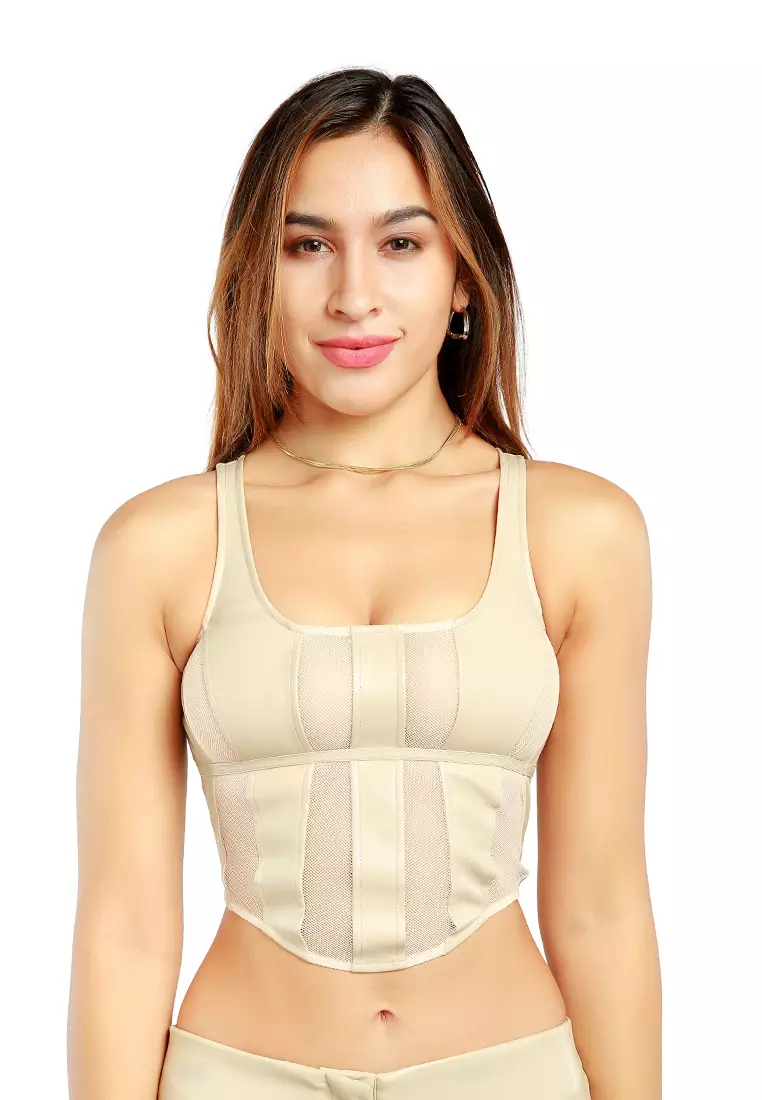 88% OFF London Rag Mesh Sleeveless Crop Top in Stone